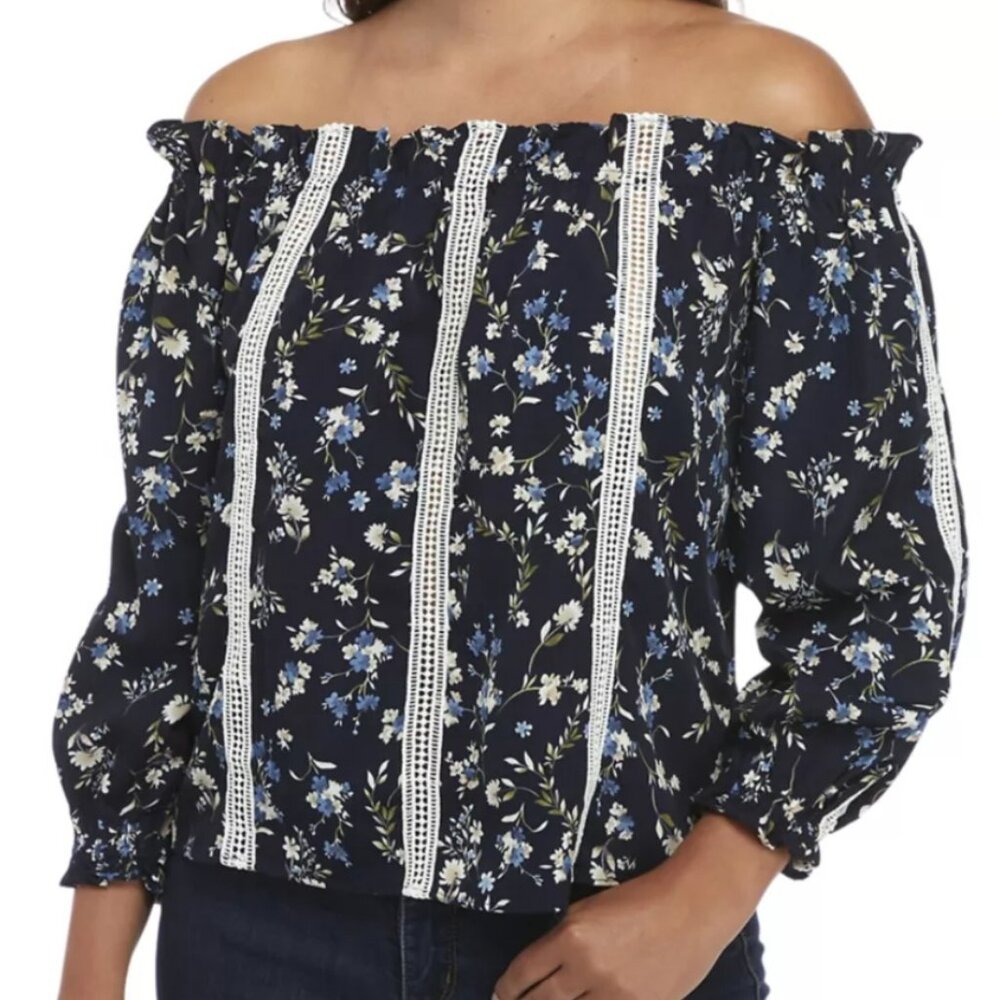 English Factory Navy Blue Floral Off The Shoulder Top NEW WITH TAGS SIZE…